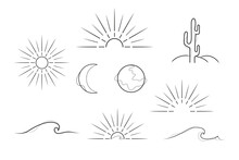 Earth Elements Sun Globe Hills Cactus Sea Line Art Design Elements Illustration, Line Art Elements Vector Design