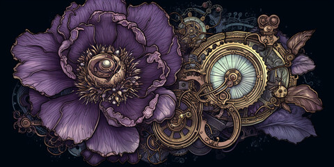 Violet, peony, old , background, generative, ai, steampunk style, vintage, watch