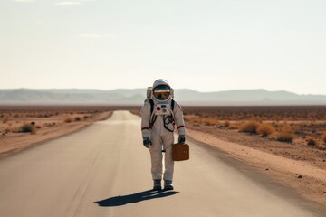 Wall Mural - A hitchhiking astronaut on a lonely road created with generative AI technology.