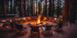 A cozy campfire nestled amidst tall pine trees, surrounded by a circle of camping chairs.