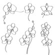 Hand-drawn black and white orchid flowers elegant continues line art drawing. Set of orchid spring blossom one line art or single line minimalist vector artwork illustration.