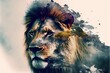 Modern design male lion with double exposure background of african jungle and savanna landscape as concept of the natural adventure and majestic wildlife animal. Superb Generative AI.
