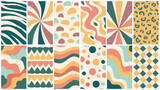 Fototapeta Dinusie - A seamless pattern set in groovy style with swirling and kaleidoscopic designs. Vector collection of vintage patterns for banners, prints, posters or gift wrap with curvy lines and trippy shapes.