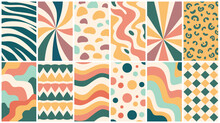 A Seamless Pattern Set In Groovy Style With Swirling And Kaleidoscopic Designs. Vector Collection Of Vintage Patterns For Banners, Prints, Posters Or Gift Wrap With Curvy Lines And Trippy Shapes.