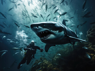 Wall Mural - A shark attacks a scuba diver in the ocean