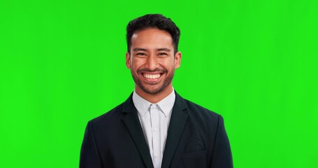 Sticker - Business man, smile or laughing on green screen with happy mindset and motivation. Portrait of professional asian person in corporate clothes on studio background nodding for good review or feedback