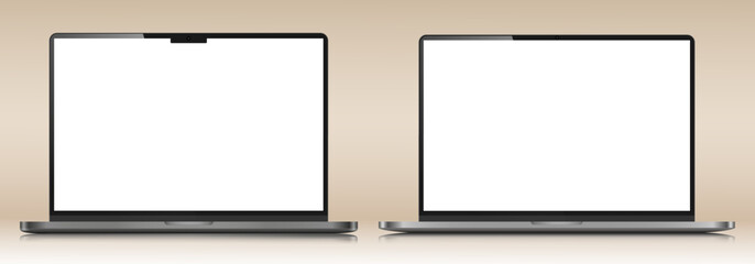 Two laptops with white screens on a beige gradient background. A set of realistic laptop layouts in a silver thin metal case with reflection. Vector illustration.