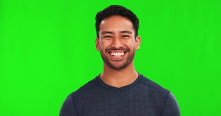 Wall Mural - laugh, face and happy man in green screen studio with funny, silly or humor on mockup background. jo