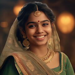 portrait of a happy Indian girl in the traditional dress ready to celebrate festival generative ai