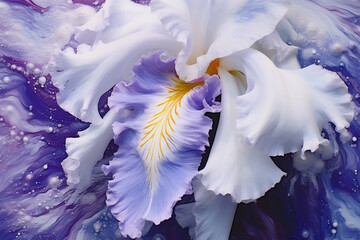 A closeup photograph of acrylic painting of iris flower, white violet clair colors acrylic paint flowing down. AI Generative