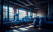 Industrial plant interior with multiple blue pipes. Factory premise with large windows. Generative AI.