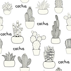 Wall Mural - Cute seamless decoration pattern with cactus plant in pots