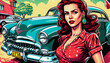 Portrait of a woman on the background of a retro car. Retro comedian rockabilly style 60s-70s. AI generated.