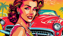 Portrait Of A Woman On The Background Of A Retro Car. Retro Comedian Rockabilly Style 60s-70s. AI Generated.