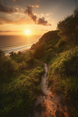 Wall Mural - sunset view of the beach from the hill generative ai