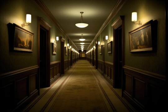 an atmospheric shot of a long, dimly lit hallway adorned with vintage halloween decorations. generat