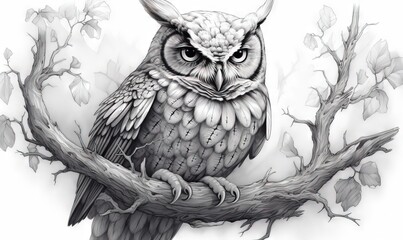 Wall Mural -  a drawing of an owl sitting on a branch with leaves.  generative ai