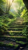 Fototapeta Las - Stunning mysterious road steps that leads to a mystical world, fairytale path hides among the green trees