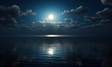  A Full Moon Shines Brightly Over The Ocean At Night.  Generative Ai