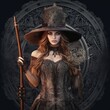 © Mary_muis/stoker ua - Beautiful witch style girl in gothic clothes with a staff. Witch's Night or All Saints' Eve. Concept: mysticism, game characters, halloween. Generative AI