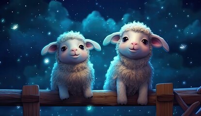 Two sheep standing gracefully beside a fence under shimmering stars.