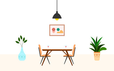 Chairs, glasses, dining table in the kitchen. Flat style vector illustration