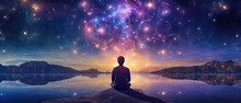 Man In Meditation In Front Of A Galactic Sky, Midjourney Ai
