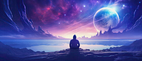 Wall Mural - man in meditation in front of a galactic sky, midjourney ai