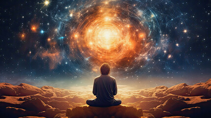man in meditation in front of a galactic sky, midjourney ai