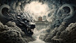 A tower in China guarded by a fierce wolf statue - Generative AI