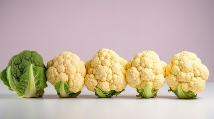Isolated cauliflower and broccoli on white background with copy space. Differences, concept of standing out