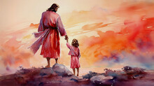 Jesus And Child,watercolor Biblical Illustration, Generative Ai.