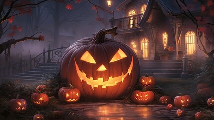 jack o lantern with house in background