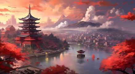 Wall Mural - Fantasy landscape with a pagoda in the middle of the city ai generated