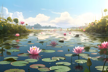 
Peaceful Lotus Pond With Blooming Flowers 