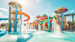 Vibrant brightly colored waterslides with splashing water at adventure park