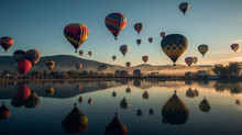 Many Hot Air Balloons Flying Over The Tranquil Landscape At Sunrise As Part Of Festival
