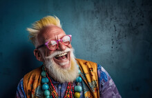 Photo of an happy elderly man with striking yellow hair and glasses