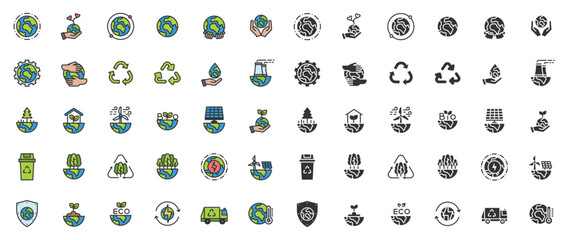 Poster - World Environment Day icon set. Nature Renewable Energy Icons. Eco Friendly. Earth Day Ecology Outline Vector Icon Illustration Sign ,Environment , Save Energy, Eco