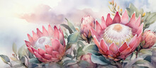 Exotic King Protea Flowers, Watercolour Illustration. Australian Native Flowers. AI Generated Image.  