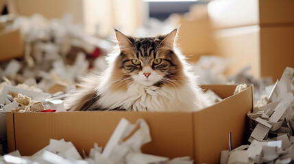 Wall Mural - Funny chubby playful cat sitting in a paper box. If It Fits, I Sits