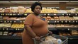 A fictional fat African-American woman in a supermarket doing her groceries. Generative AI illustration.