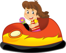 Cartoon Scene With Kid Girl Driving Funfair Colorful Bumper Car Isolated Illustration For Children