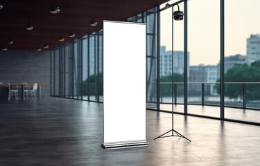 Wall Mural - roll up mockup poster stand in against clean hall with big glass windows environment as wide banner design with blank empty copy space area - Generative AI