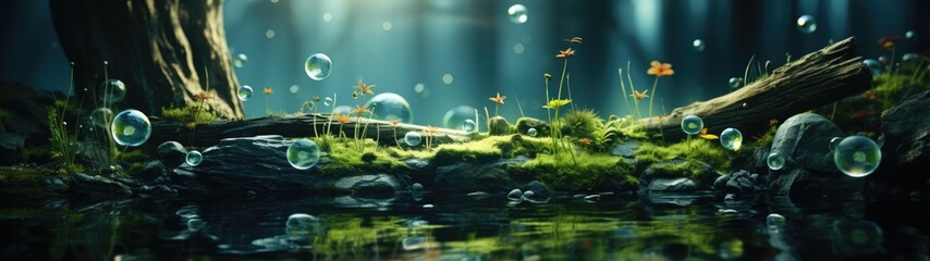 a mossy land with bubbles and water