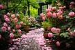 a pink flowers on a brick path