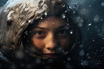 a woman with wet hair and a hood