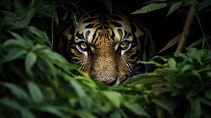 a tiger looking out of the bushes