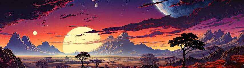 a landscape with mountains and a planet in the sky