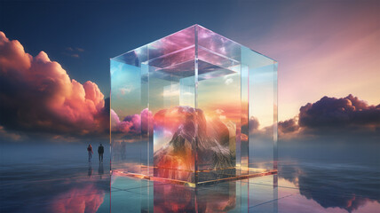 cloud in glass cube cloudscape, digital metaverse infrastructure. Generative AI